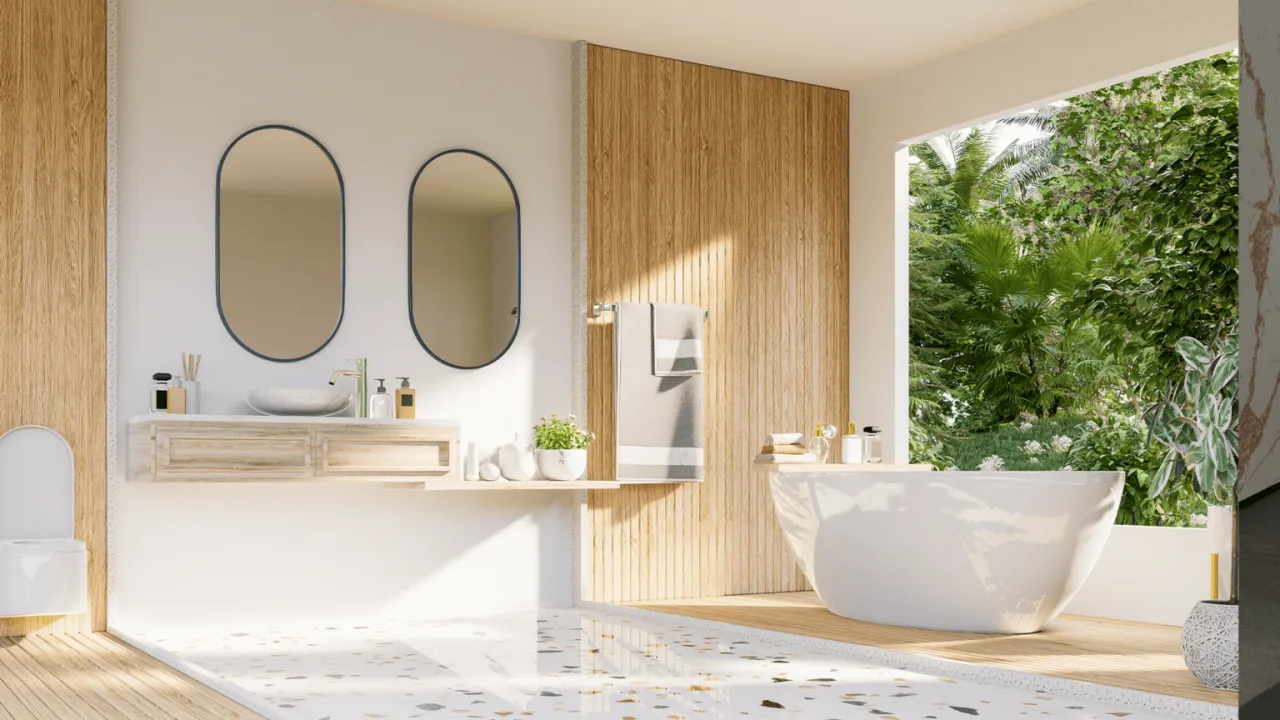 Oval aynalı, ahşap detaylı banyoda küvet ve lavabo