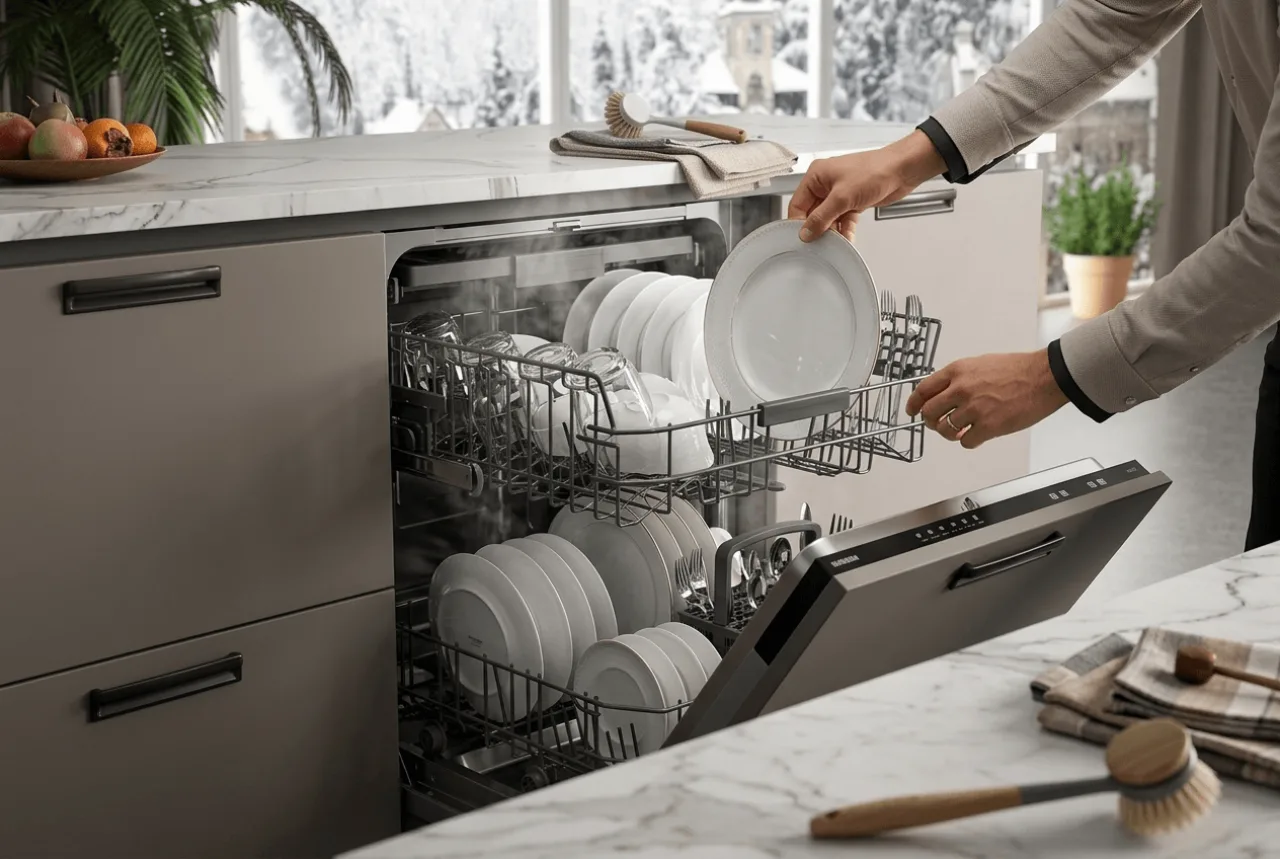 Ankastre bulaşık makinesinin alt sepetine tabak yerleştiren el