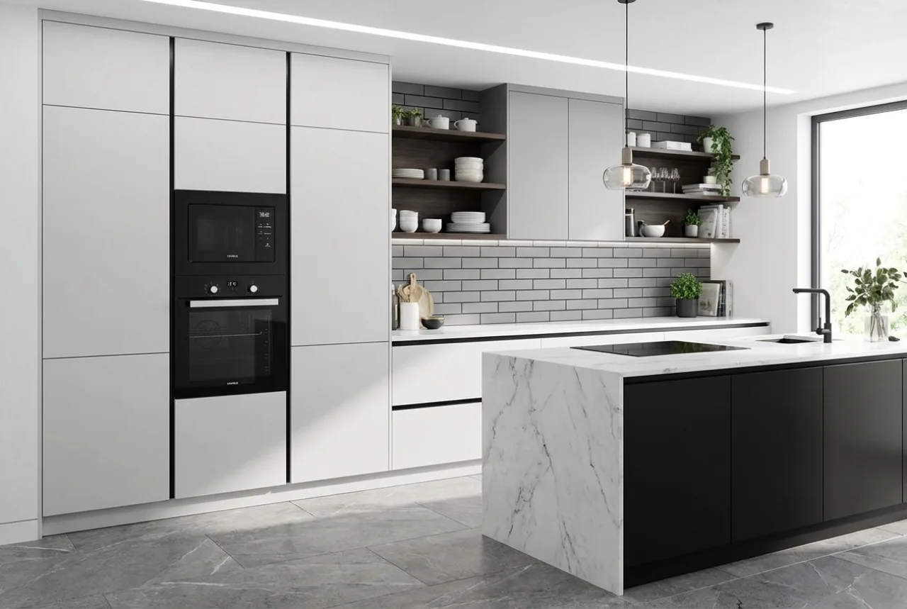 Beyaz dolap kolonuna yerleştirilmiş Häfele Concept ankastre fırın ve mikrodalga