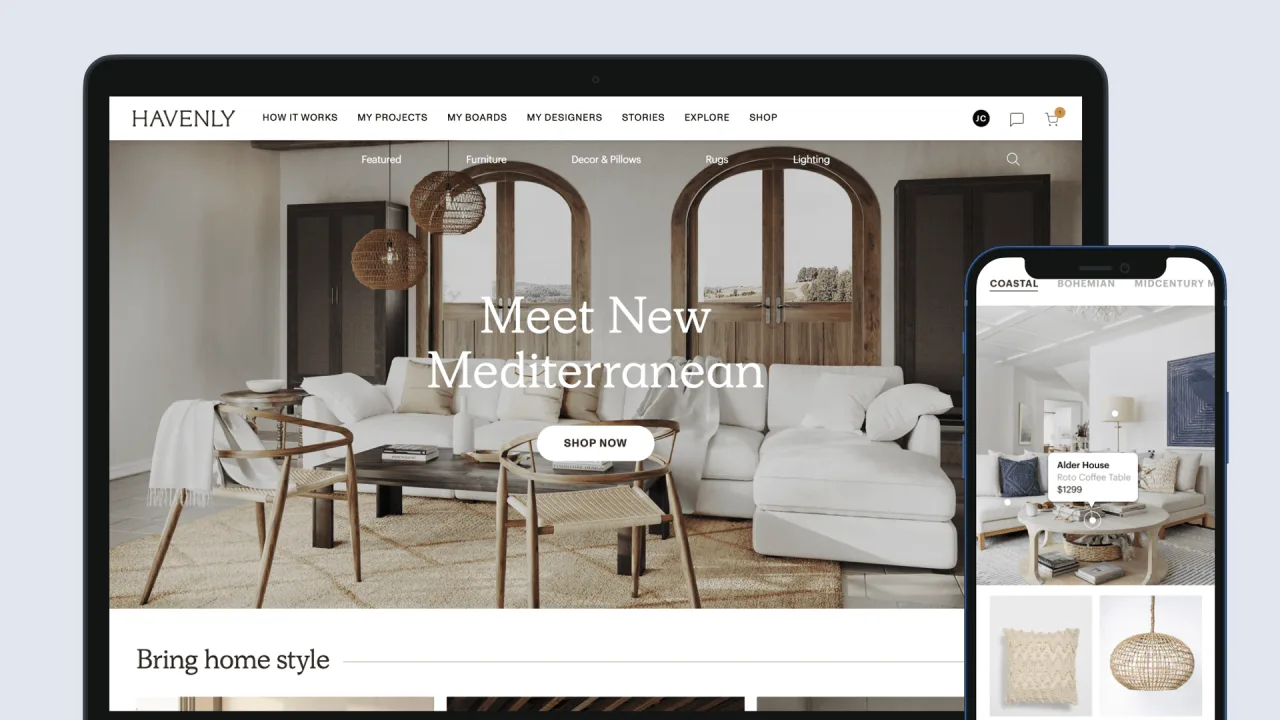Havenly dekorasyon platformunun web sitesi ve mobil görünümü