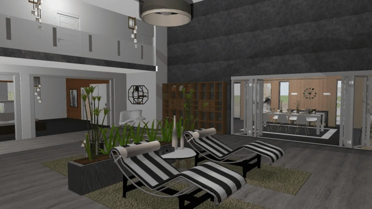 Home Design 3D uygulamasında oluşturulmuş açık planlı iç mekân tasarımı