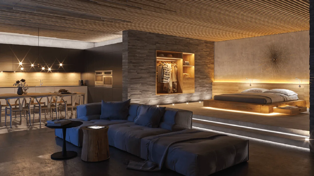 LED şerit aydınlatmalı, ahşap tavanlı loft oturma ve yatak alanı