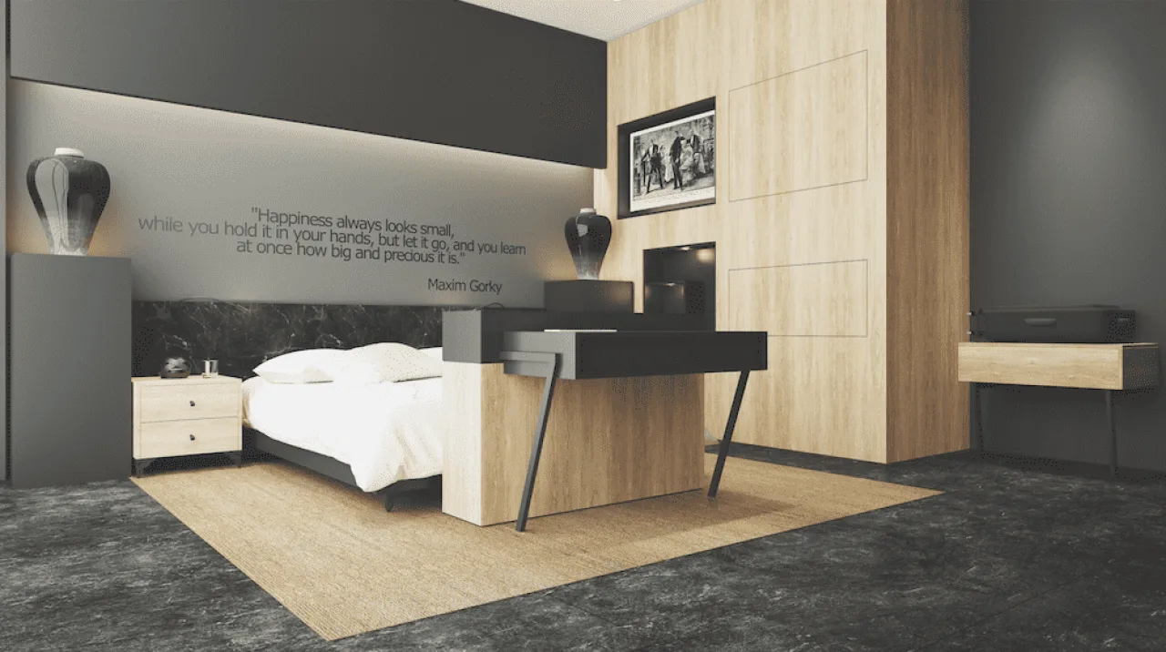 Ahşap panelli otel odasında yatak ve katlanır çalışma masası