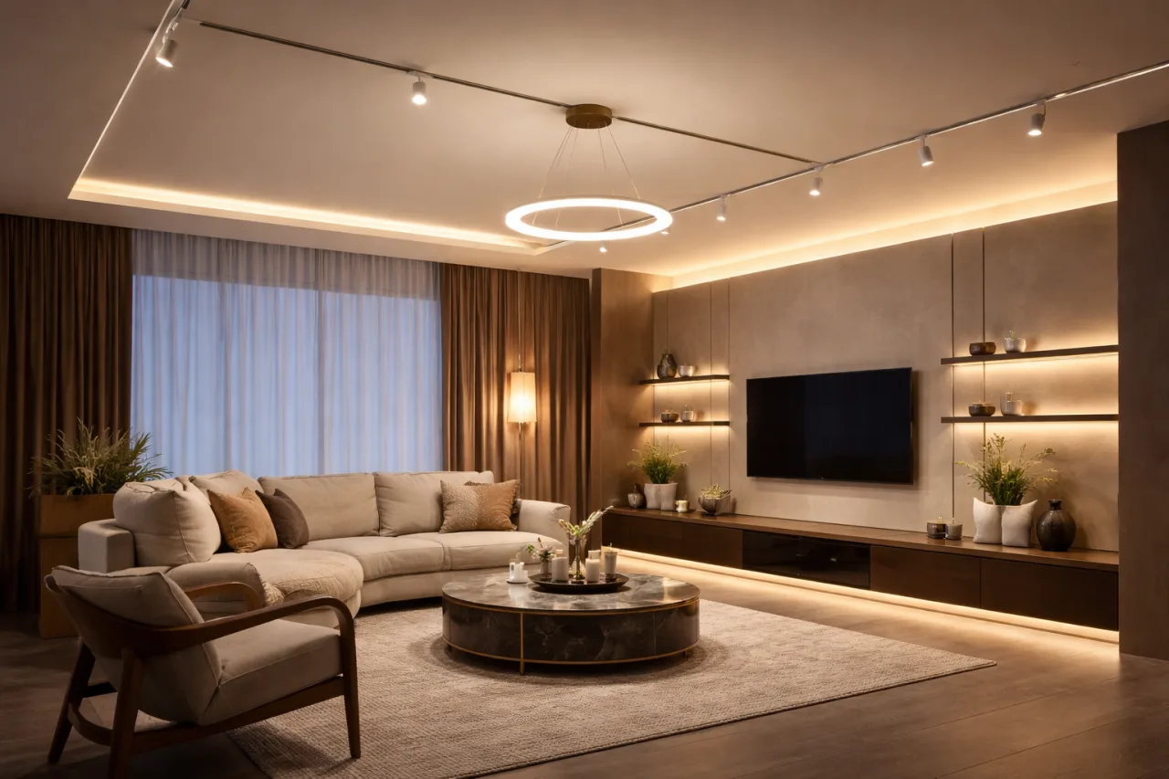 Tavan çevresinde LED şerit, ray spot ve halka avize ile aydınlatılmış salon